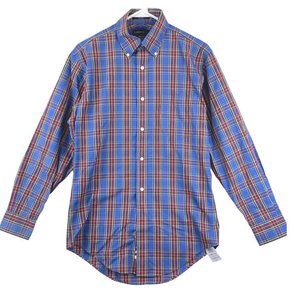 Lands End No Iron Button Down Shirt Mens 14.5-32 Blue Plaid Tailored Fit Preppy